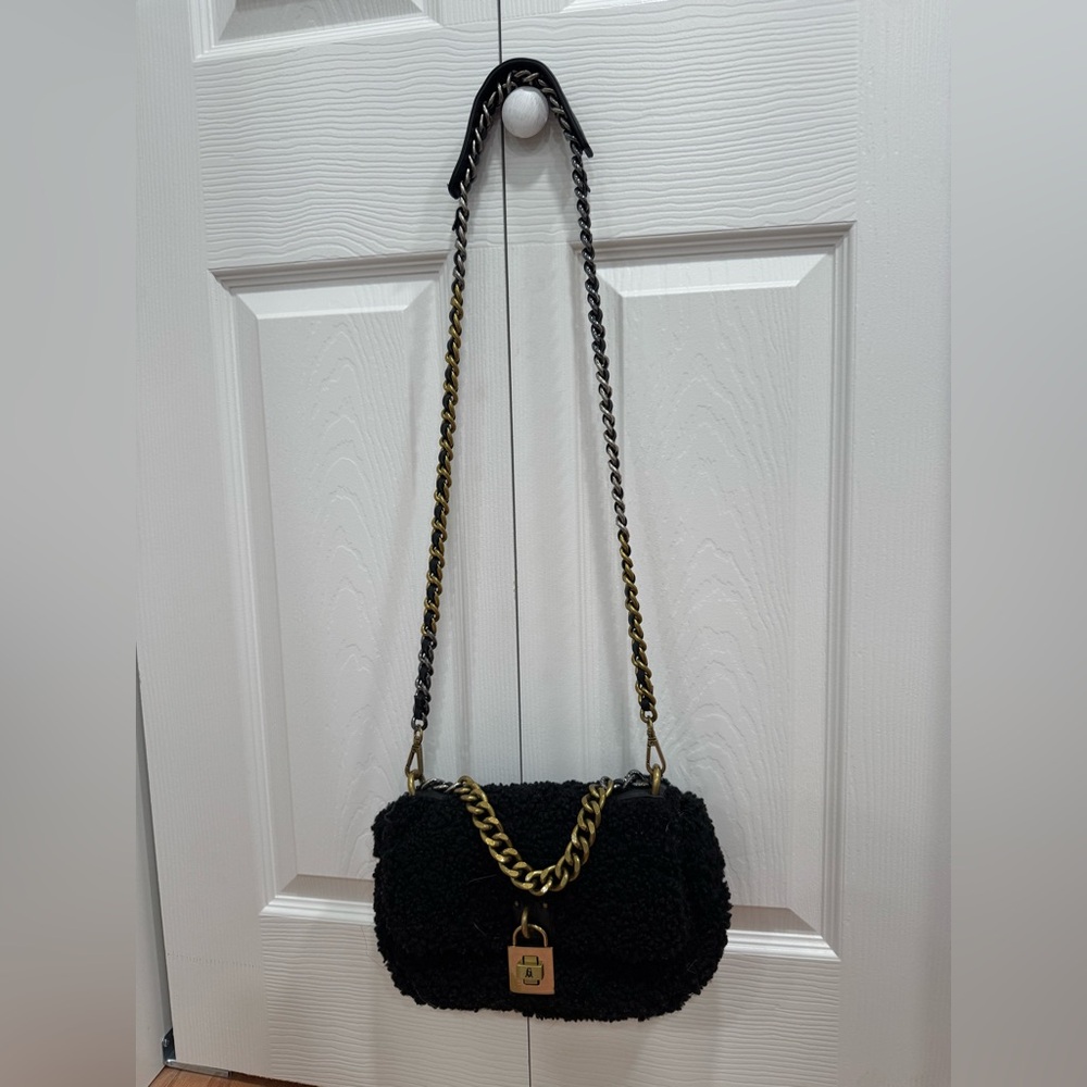 Steve Madden Black Faux-Sherpa Shoulder Bag with Gold Chain
